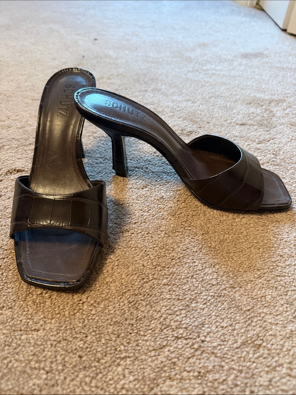 SCHUTZ Dark Brown Croc-Embossed Slide Heels